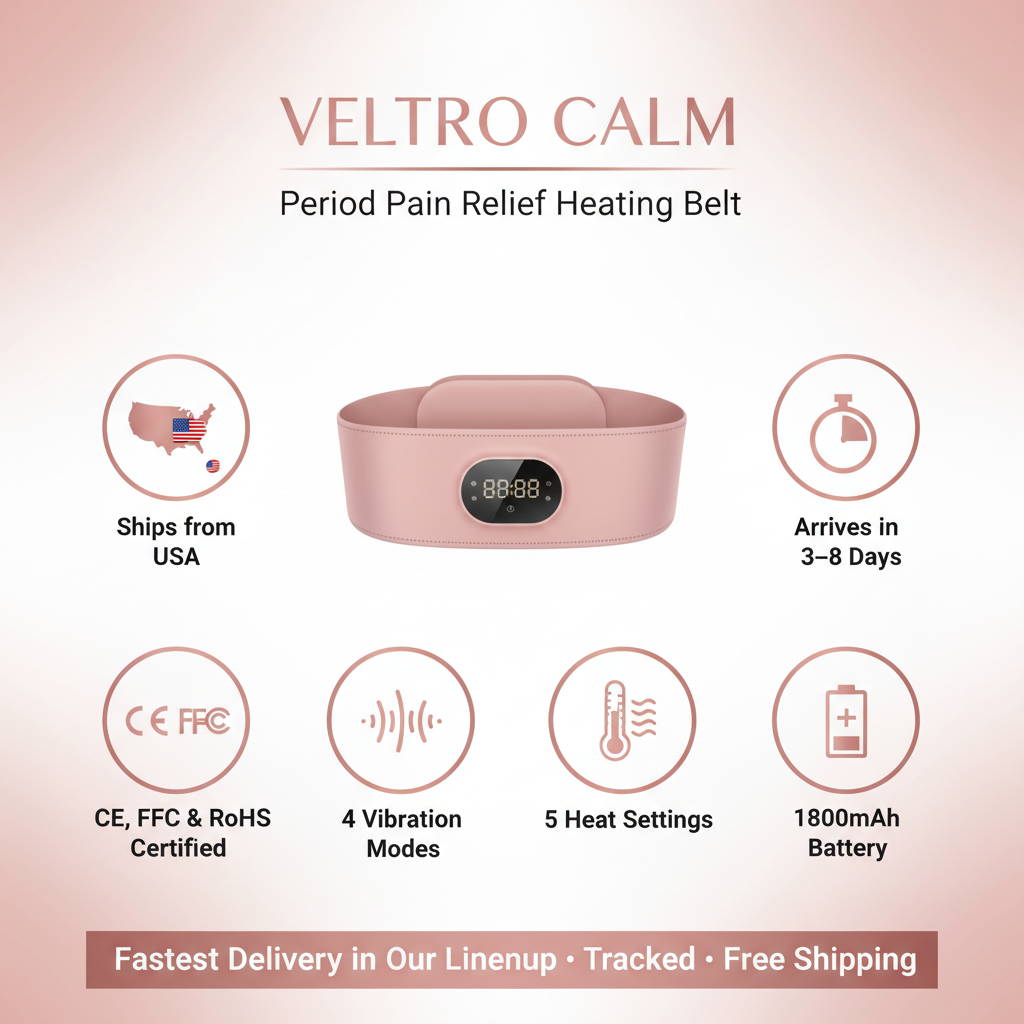Veltro Calm period heating belt — ships from USA, free USPS shipping, 3-8 days delivery, CE FCC RoHS certified