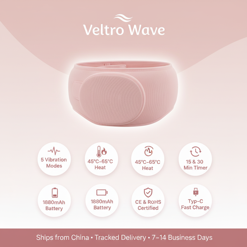 Veltro Wave 5-mode heating belt features and delivery information infographic